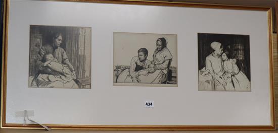 William Lee Hankey (1869-1952), three etchings in one frame, signed in margin, largest 20 x 19cm